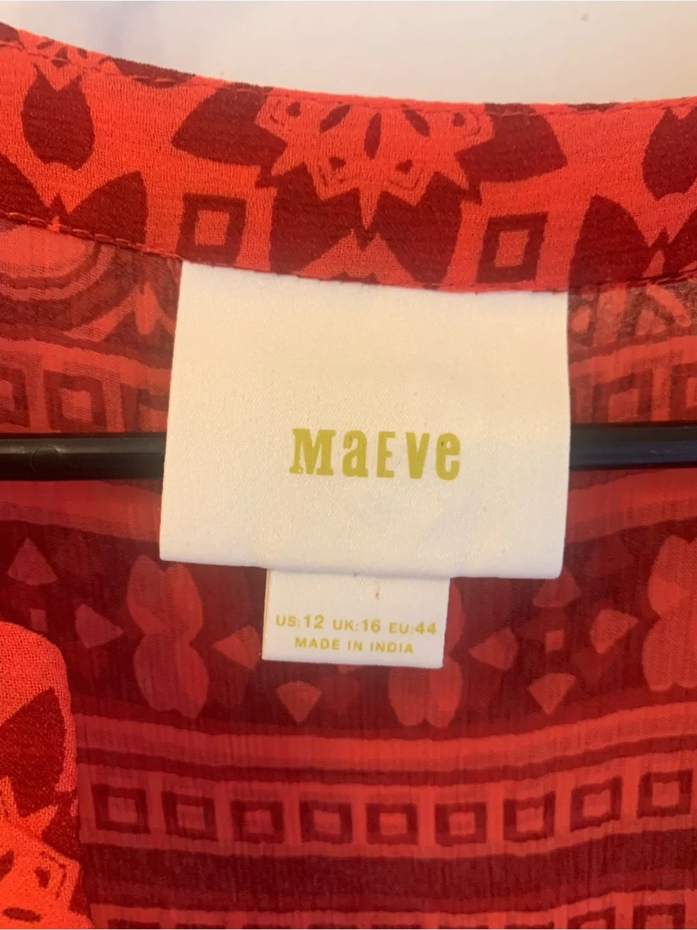Maeve Anthropologie Boho Tunic Dress Red Orange Print Size 12